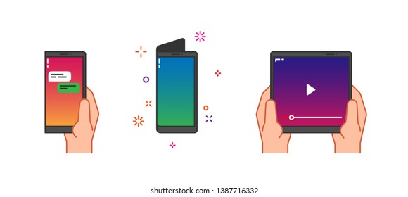 Foldable phone in hand. Smartphone with flexible screen in folded and unfolded positions. Line vector illustration, concept of futuristic tablet device with bended display. Modern technology.