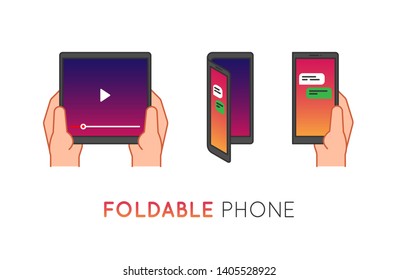 Foldable phone in hand. Smartphone with flexible screen in unfolded and folded positions. Line vector illustration, concept of futuristic tablet device with bended display. Modern technology.