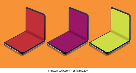 Foldable phone or mobile. Smartphone that folds in middle of screen like a flip phone.Vector.Mockup.
