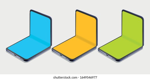 Foldable phone or mobile. Smartphone that folds in middle of screen like a flip phone.Vector.Mockup.