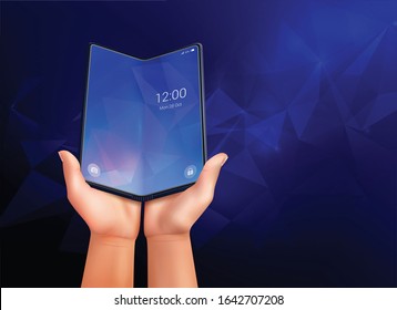 Foldable smartphone realistic composition with dark blue ambient background and open phone laying in human hands vector illustration