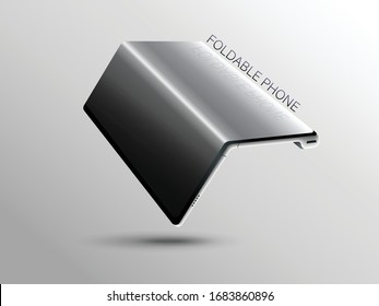 Teléfono inteligente plegable con pantalla plegable. Pantalla flexible de teléfono móvil doblado colgando sobre la mesa. Nueva tecnología que transforma el teléfono en una tableta. Dispositivo inteligente electrónico de ilustración - Vector