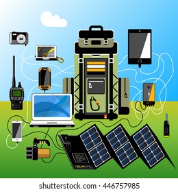 Foldable solar panel and Gadgets for a hike.Set of flat design gadgets,Vector.