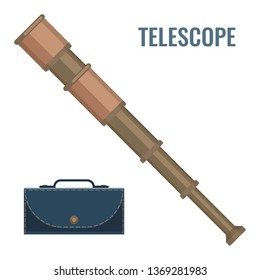 Foldable telescope, spyglass, portable telescope isolated on white background. Flat. Vector