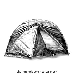 foldable travel tent round shape, sketch vector graphics monochrome illustration on white background