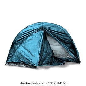 foldable travel tent round shape, sketch vector graphic color illustration on white background