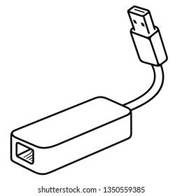 Foldable USB ethernet network adapter. Vector outline icon isolated on white background.
