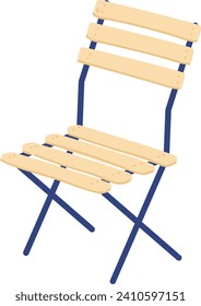 Foldable wooden chair with blue frame isolated on white. Portable seating furniture design, space-saving concept vector illustration.