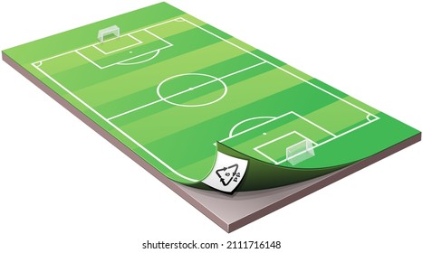Folded 3D soccer field under which we see a label of a synthetic material on a white background (cut out)