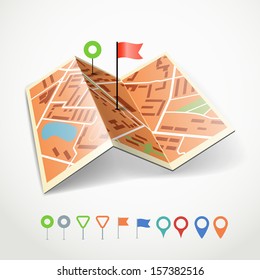 Folded abstract city map with collection of color point pins