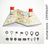 Folded abstract city map with the route and collection of different pins
