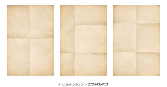 Conjunto de textura de papel envejecido doblado, hoja arrugada beige vintage, fondo de pergamino antiguo aislado en transparente