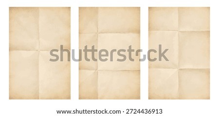 Folded aged paper texture set, vintage beige creased sheet, old parchment background isolated on transparent