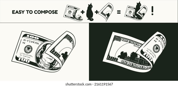 Folded american 100 dollar banknote with front and reverse side. Falling, flying banknote. Cash money. Divided into two parts to design easy. Detailed black and white vector illustration