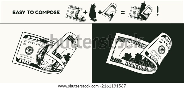 Folded\
american 100 dollar banknote with front and reverse side. Falling,\
flying banknote. Cash money. Divided into two parts to design easy.\
Detailed black and white vector\
illustration