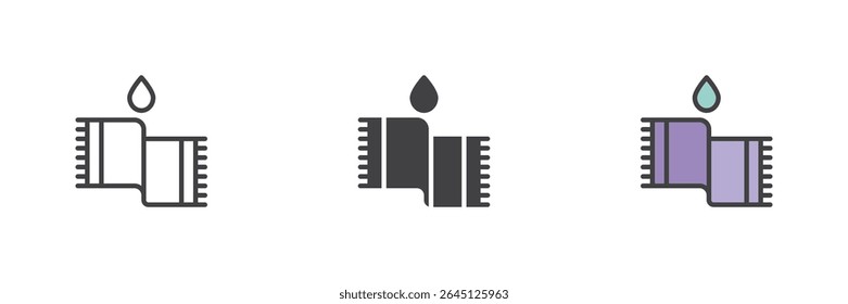 Folded bath towel with water drop icon in line, solid, and filled outline styles. Hygiene and drying symbol for bathroom. Clean care vector sign pack.