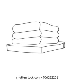 Folded bath towels on a wooden shelf. Hand drawn sketch icon for bathroom.