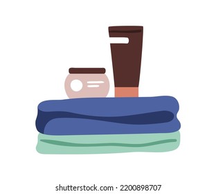 Folded bath towels stack, cream tube, cosmetics jar. Cosmetic products items, hygiene stuff. Abstract bathroom accessories, essences. Flat vector illustration isolated on white background