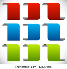 Folded blank banners. Vertical peeling banner, sheet design elements with empty space