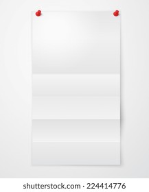 Folded blank paper sheet with colored pushpins isolated on white background vector illustration
