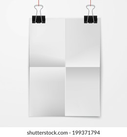 Folded blank paper sheet hanging on binder clips isolated on white background vector illustration