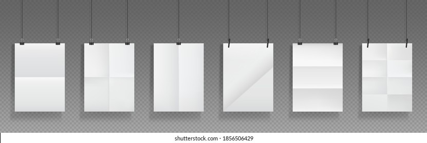 Folded blank posters hang with binder clips, white paper sheets with crossing creases and holders. Vector realistic template of empty wrinkled leaflet, flyer, document pages with folds and clamps
