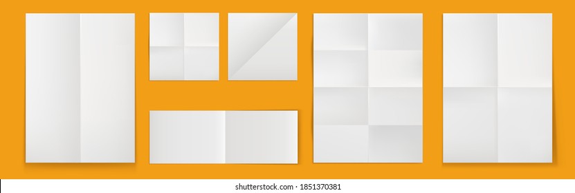 Folded blank posters, white paper sheets with crossing creases top view. Vector realistic template of empty wrinkled leaflet, flyer, document pages with folds isolated on yellow background