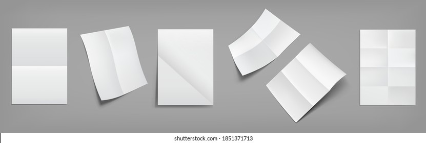 Folded blank posters, white paper sheets with crossing creases top and perspective view. Vector realistic mockup of empty wrinkled leaflet, flyer, document pages with folds isolated on gray background