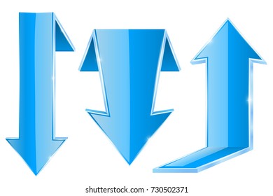 Folded blue arrows. Shiny 3d signs. Vector illustration isolated on white background