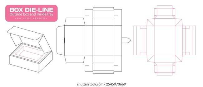 Línea de troquel de caja doblada, no se necesita pegamento. Incluye caja exterior y bandeja interior. Plegable estable. Plantilla de corte de línea de instrucciones para el diseño de embalaje con tapa