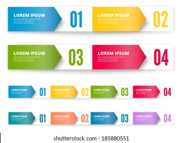 Folded cardboard labels with arrows and figures from one to four. Vector design element set.