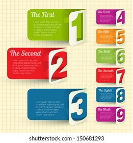 Folded cardboard labels with figures from one to eight. Vector design element set.