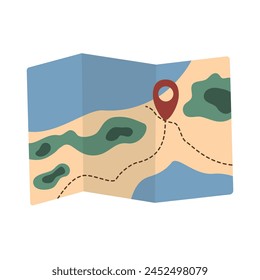 Folded cartoon map with marker. Map with pin pointer. Vector illustration of beach, forest and river. Isolated on white background