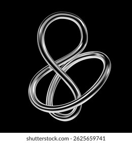 Folded chrome 3D loop form with glossy metallic surface in Y2K style. Twisted abstract line object with reflective contour. Isolated techno design element for digital and creative projects