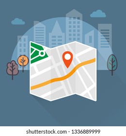 Folded city map with geolocation pin. Navigation concept, vector