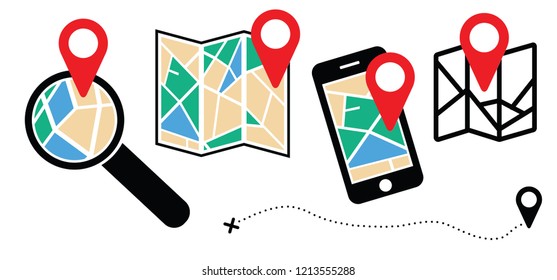 Folded city map with location Route search tracking. Mark maps signs. Vector pin Symbol. Track and trace point marker Fly travel, navigation pointer. Geo pins Roads navigator GPS marker. Navigator.