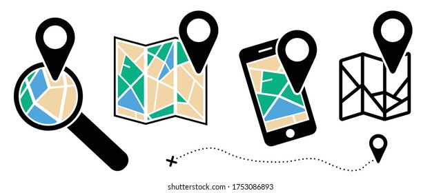 Folded City Map With Location Route Search Tracking Icons Mark Maps Signs Vector Pin Symbol Track And Trace Point Marker Fly Travel, Love Navigation Pointer Mobile Gadgets Geo Pins Roads Navigator GPS