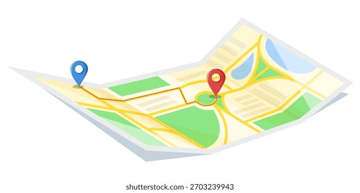 Mapa da cidade dobrado com pinos de localização vermelhos e azuis mostrando uma rota marcada, estilo gráfico plano, fundo branco. Conceito de navegação e direção. Ilustração vetorial