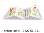 Folded city map with red route line and two location pins in isometric style on white background. Concept of navigation and travel. Vector illustration