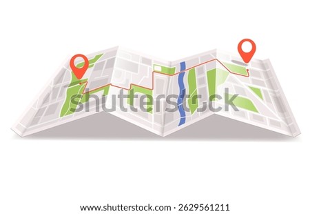 Folded city map with red route line and two location pins in isometric style on white background. Concept of navigation and travel. Vector illustration