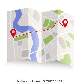 Mapa de la ciudad doblado que muestra dos marcadores de ubicación rojos conectados por una línea de ruta roja, con calles, ríos y parques, sobre fondo blanco. Ilustración vectorial