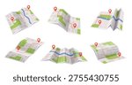 Folded city maps with route pins in flat style on white background showing navigation and travel concept. Vector illustration
