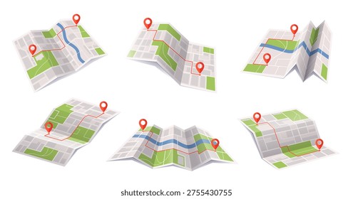 Folded city maps with route pins in flat style on white background showing navigation and travel concept. Vector illustration