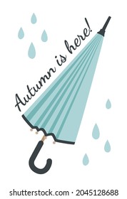 Folded closed blue retro umbrella. Cartoon parasol. Rainy weather. Autumn is here concept. Hand drawn vector illustration.
