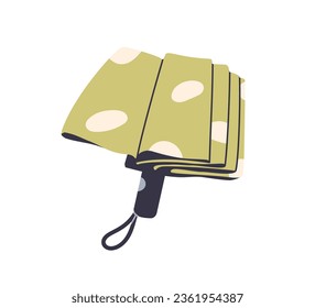 Folded closed compact umbrella with handle, loop. Rainy weather accessory with foldable collapsible canopy. Rain protection with polka dot print. Flat vector illustration isolated on white background