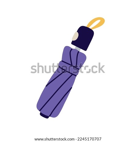 Folded closed compact umbrella for rain protection. Small foldable accessory for rainy weather. Sunshade, parasol with handle and loop. Flat vector illustration isolated on white background