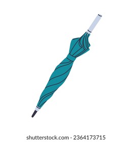 Folded closed straight umbrella for rainy weather. Rain protection accessory, tied with strap, long stick, pole handle. Flat vector illustration isolated on white background