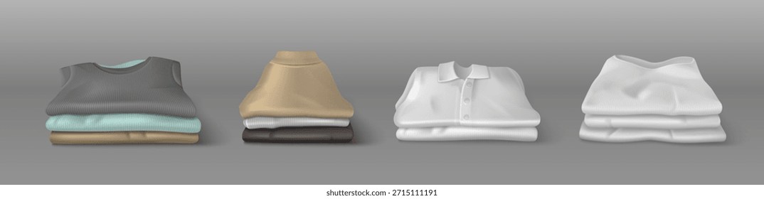 Prendas de tela dobladas se apilan en un estilo realista en 3D: pilas de camisas limpias con tela texturizada, colección de lavandería. Ilustración vectorial de Elementos de vestuario organizado para el diseño del hogar y de la ropa.