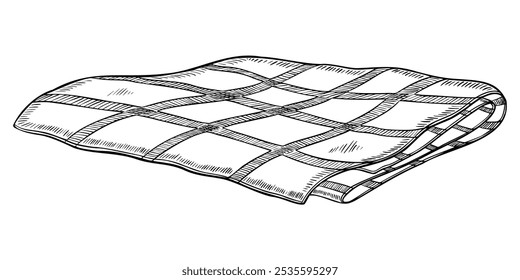 Folded cloth vector illustration. Drawing of checkered blanket or plaid painted in line art style by black inks on isolated background. outline etching of tablecloth. Monochrome engraving.