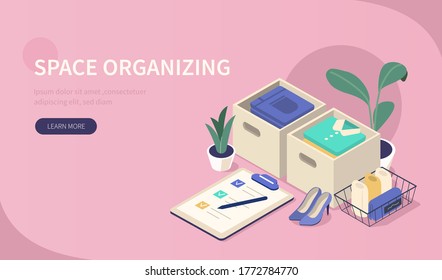 Folded Clothes and Accessories in Boxes, Drawers and Metal Basket. Room Cleaning, Sorting Stuff and Tidying Clothes in Wardrobe. Home Organizing Concept. Flat Isometric Vector Illustration.
